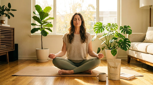 Woman meditating in sunlit living room with Daye creatine pouch