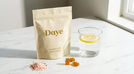 Daye creatine HCl pouch with lemon water, pink salt, and bear gummies