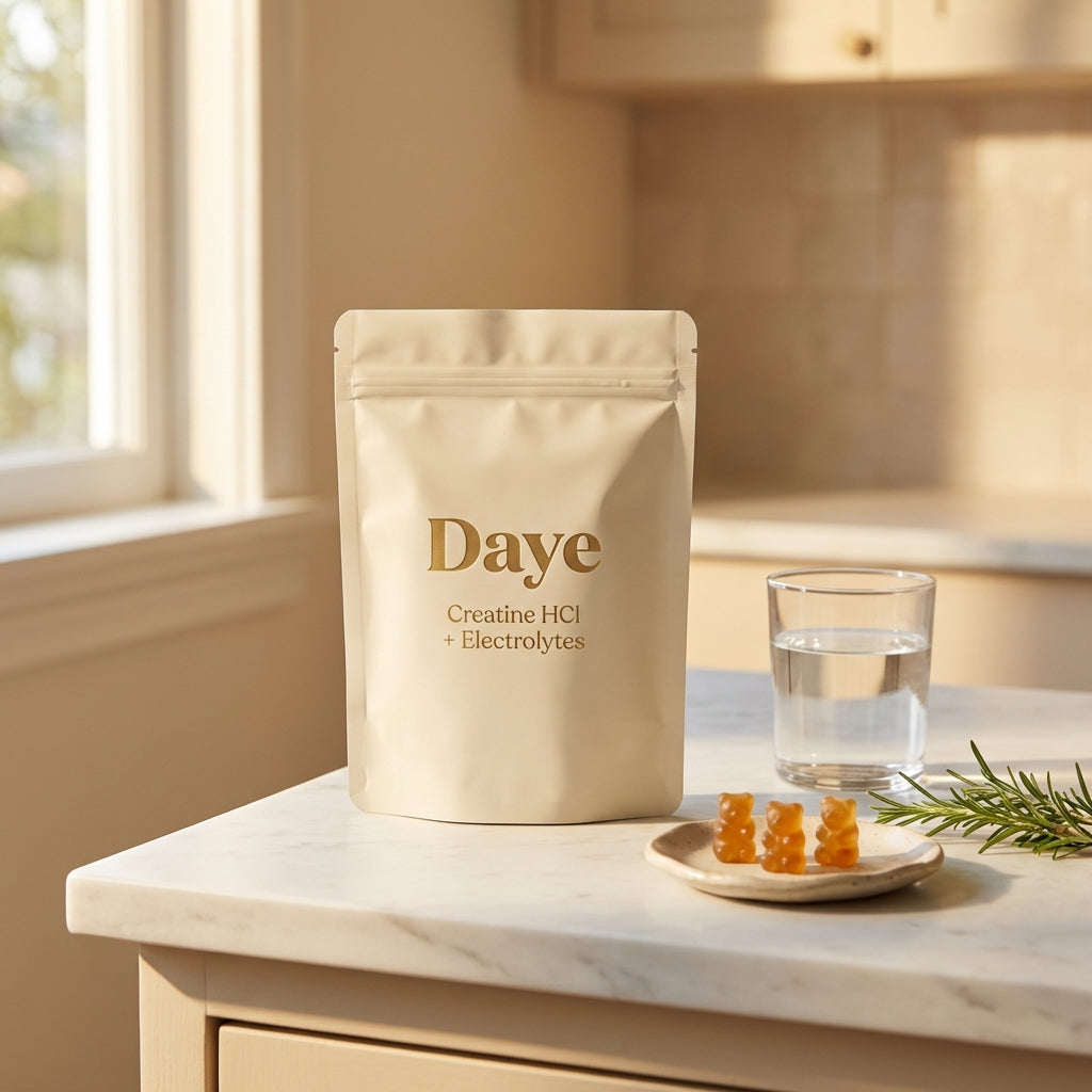 Daye Core creatine HCl gummies — pouch with bear gummies and rosemary in warm kitchen