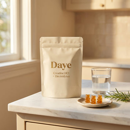 Daye Core creatine HCl gummies — pouch with bear gummies and rosemary in warm kitchen