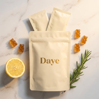 Daye Core creatine gummies flat lay — pouch with sachets, bear gummies, lemon, and rosemary on marble