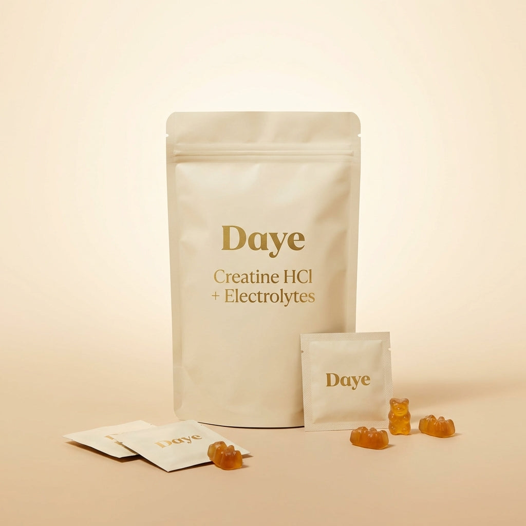 Daye Core creatine HCl gummies — pouch with sachets and amber bear-shaped gummies on gradient background