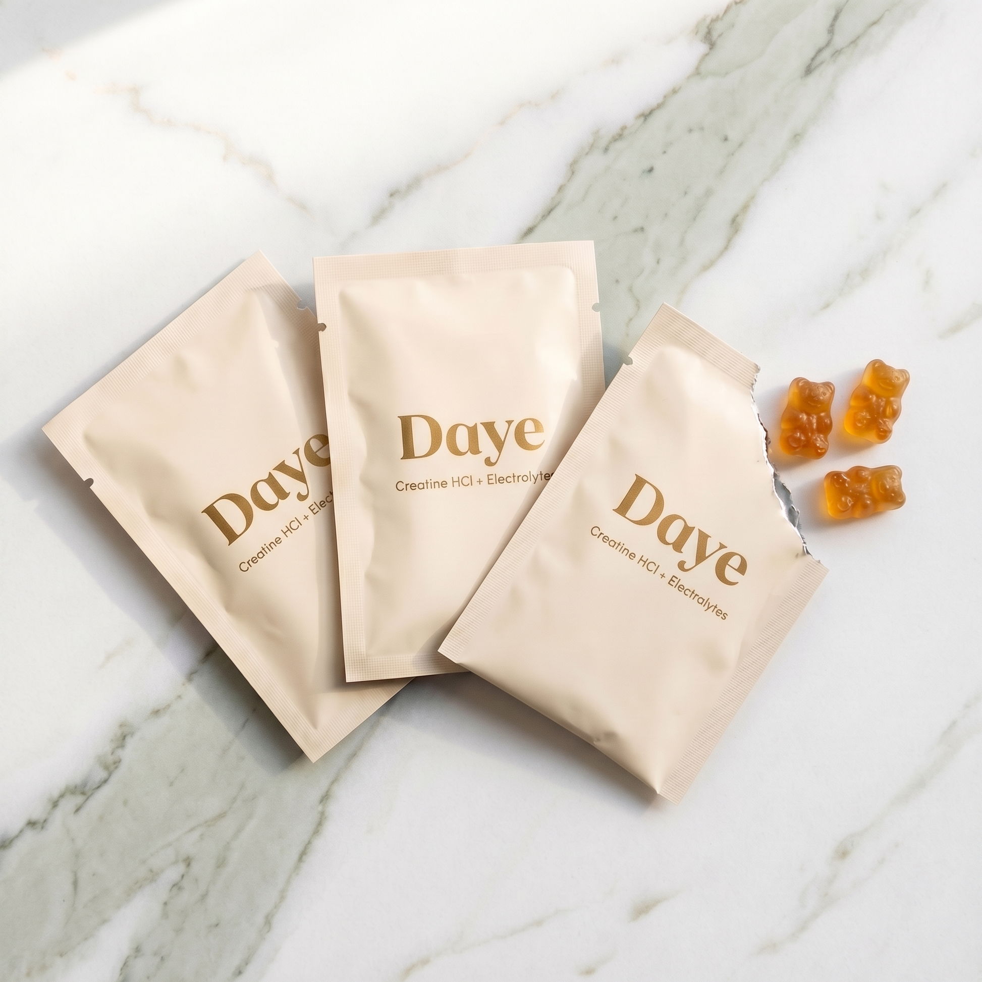 Daye Core daily sachets with creatine HCl bear-shaped gummies — individual serving packs