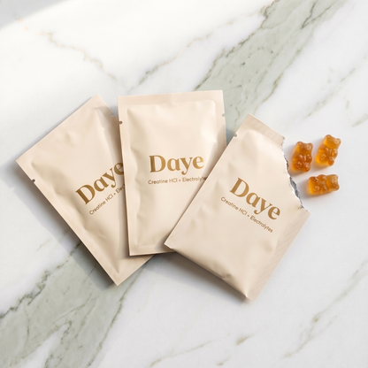 Daye Core daily sachets with creatine HCl bear-shaped gummies — individual serving packs