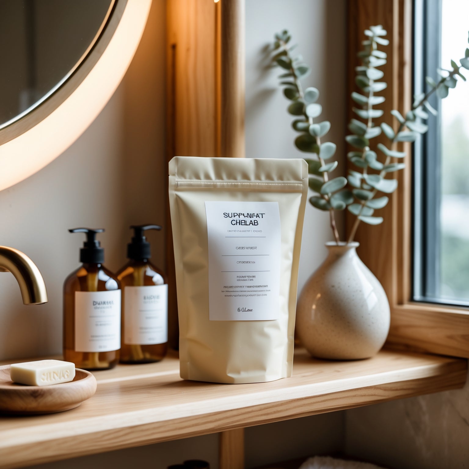 Daye on bathroom shelf